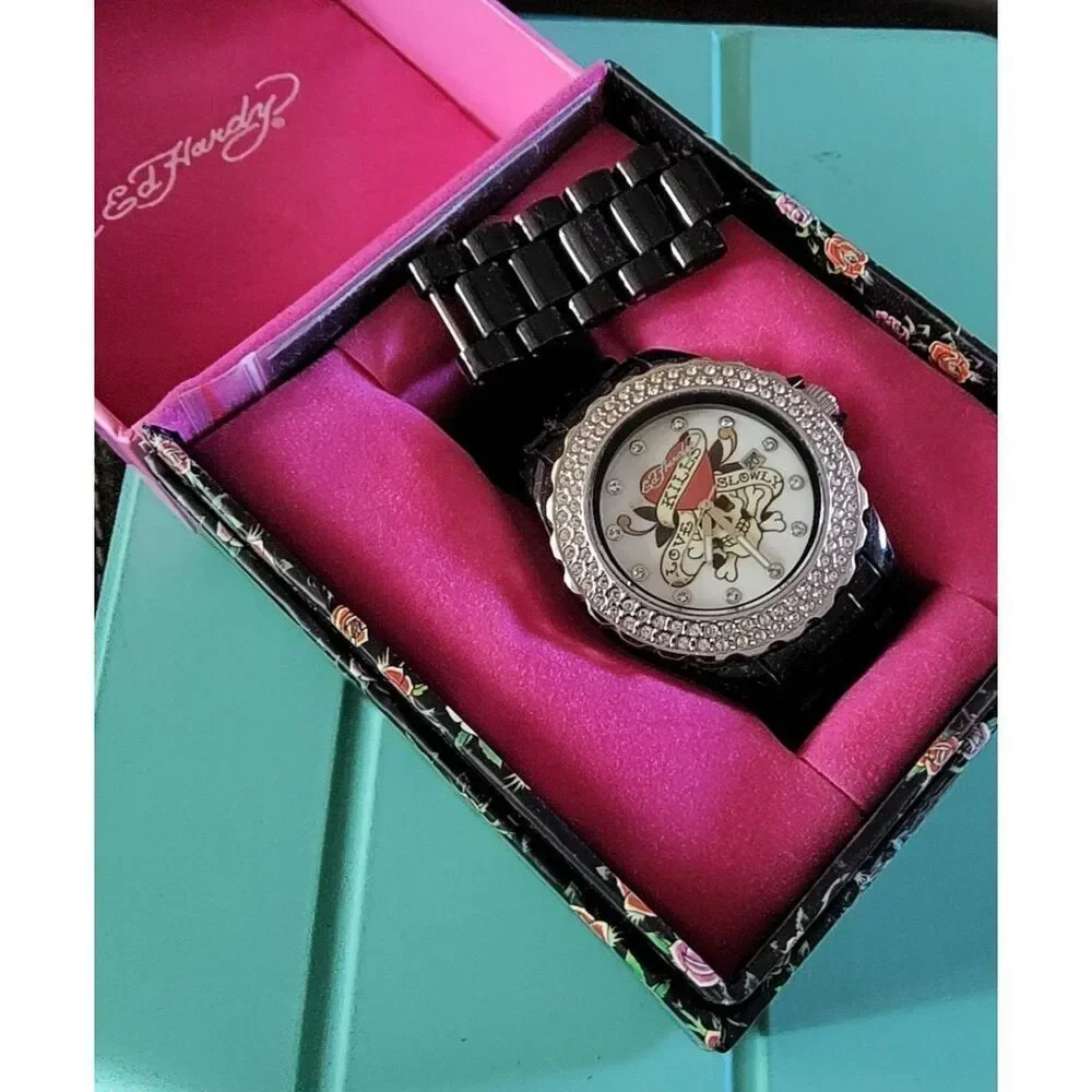 ED HARDY Black Love Kills Slowly Rhinestone Bezel Watch~Boxed